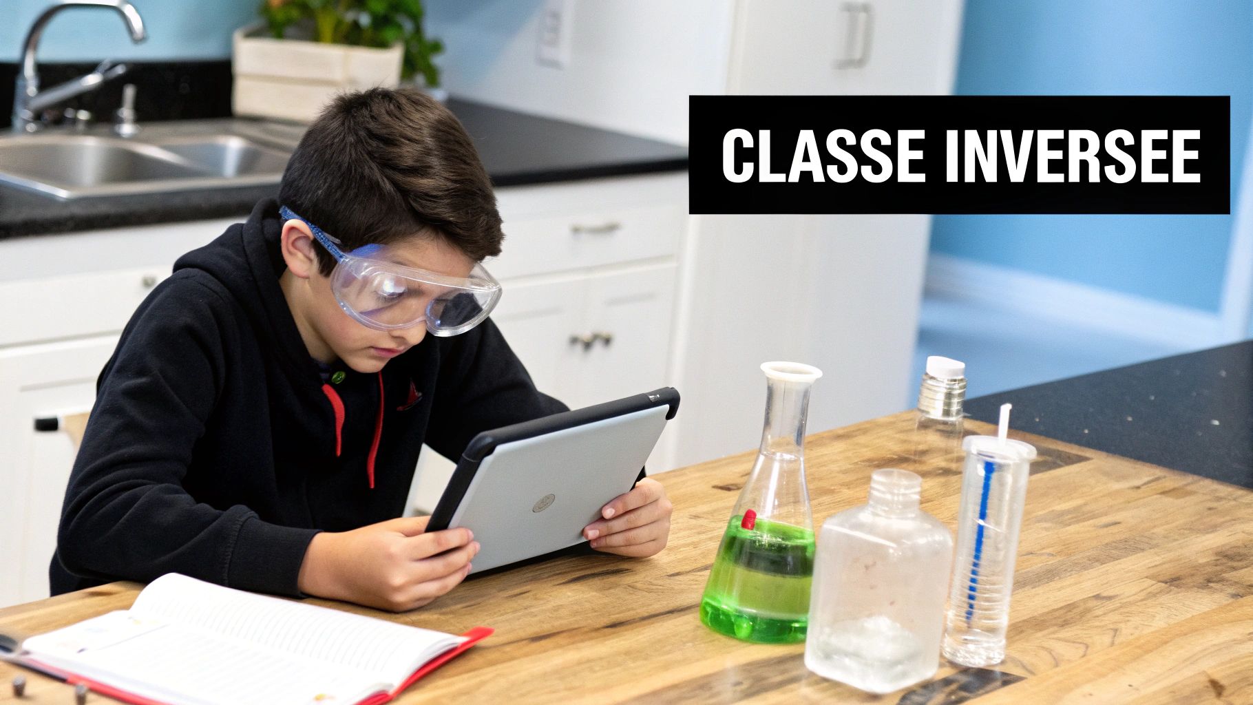 Jeune garçon avec lunettes de protection utilisant une tablette pour une expérience scientifique.
