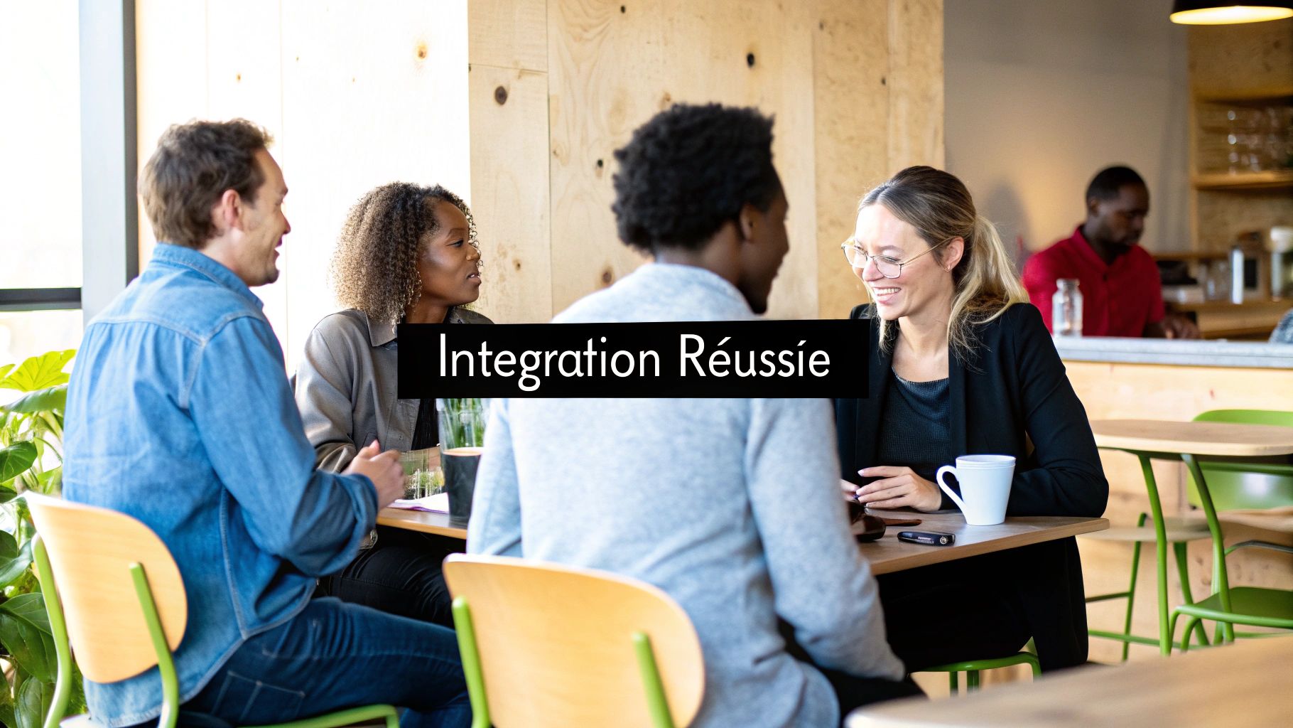 Quatre personnes souriantes discutent autour d'une table, illustrant une intégration réussie et des échanges positifs.