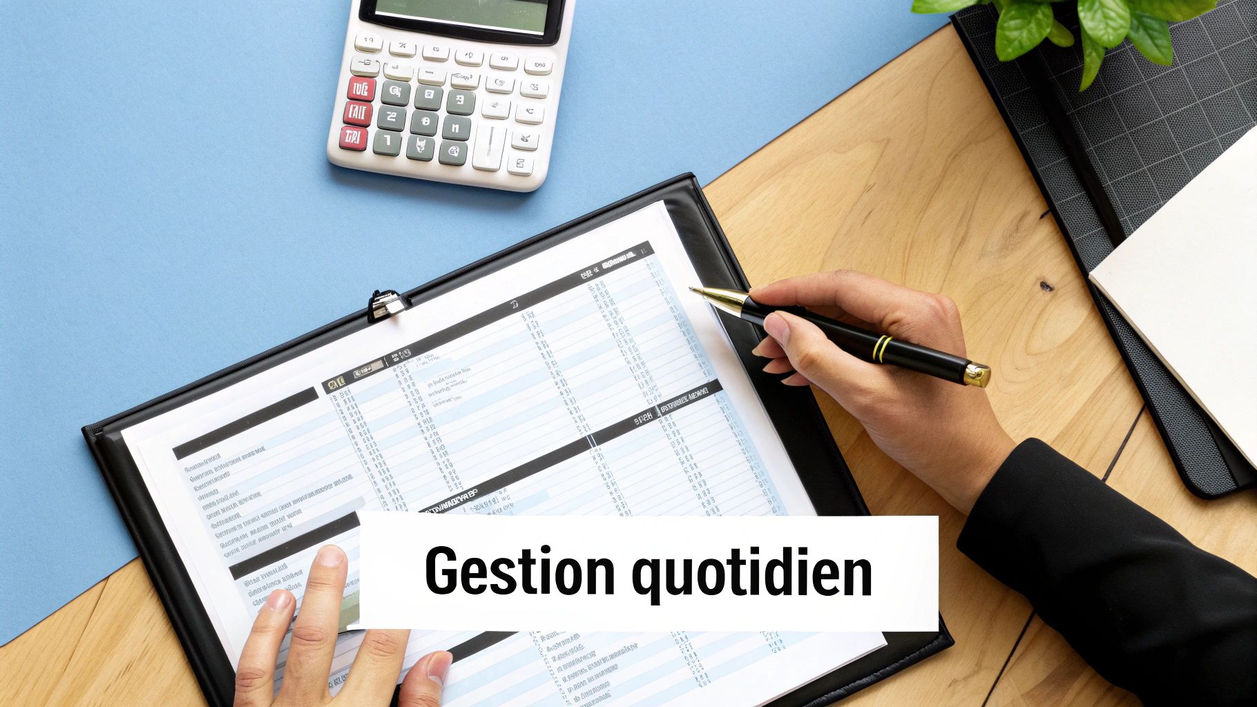 Mains d'une personne consultant un document financier sur un bureau avec une calculatrice, symbolisant la gestion quotidienne.