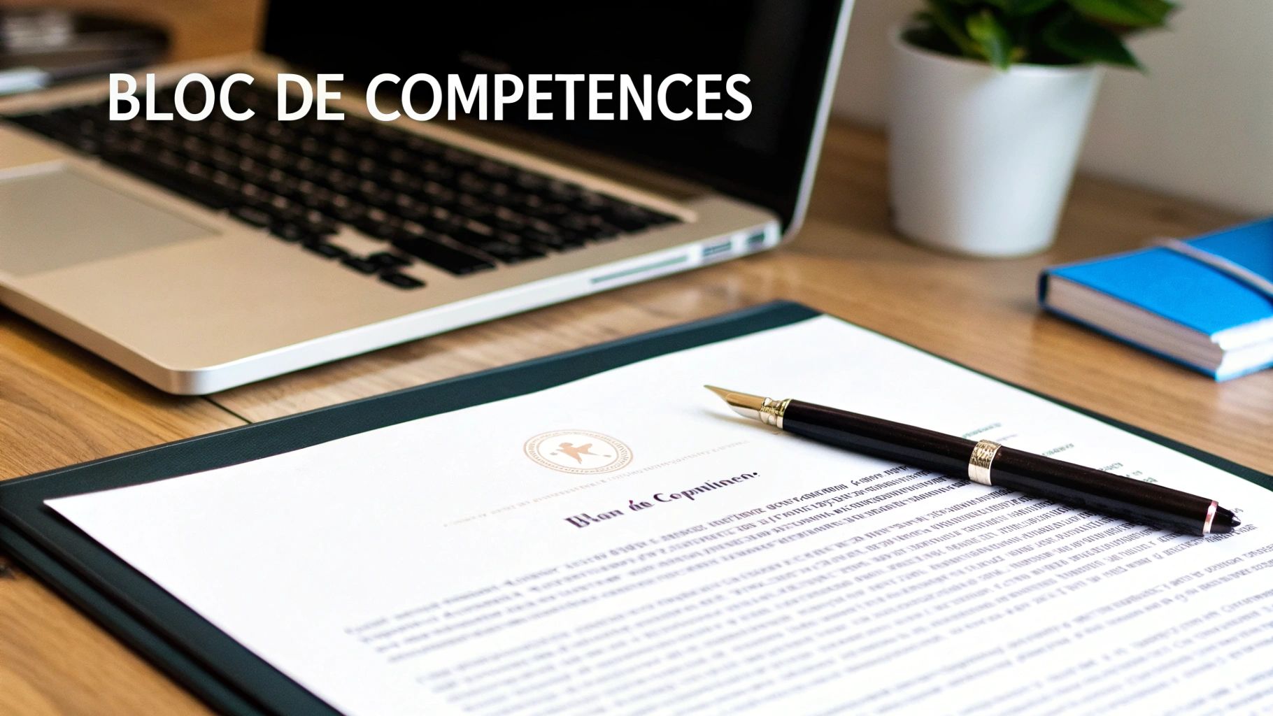Un bloc de compétences affiché sur une image de bureau avec un ordinateur portable, un document et un stylo.