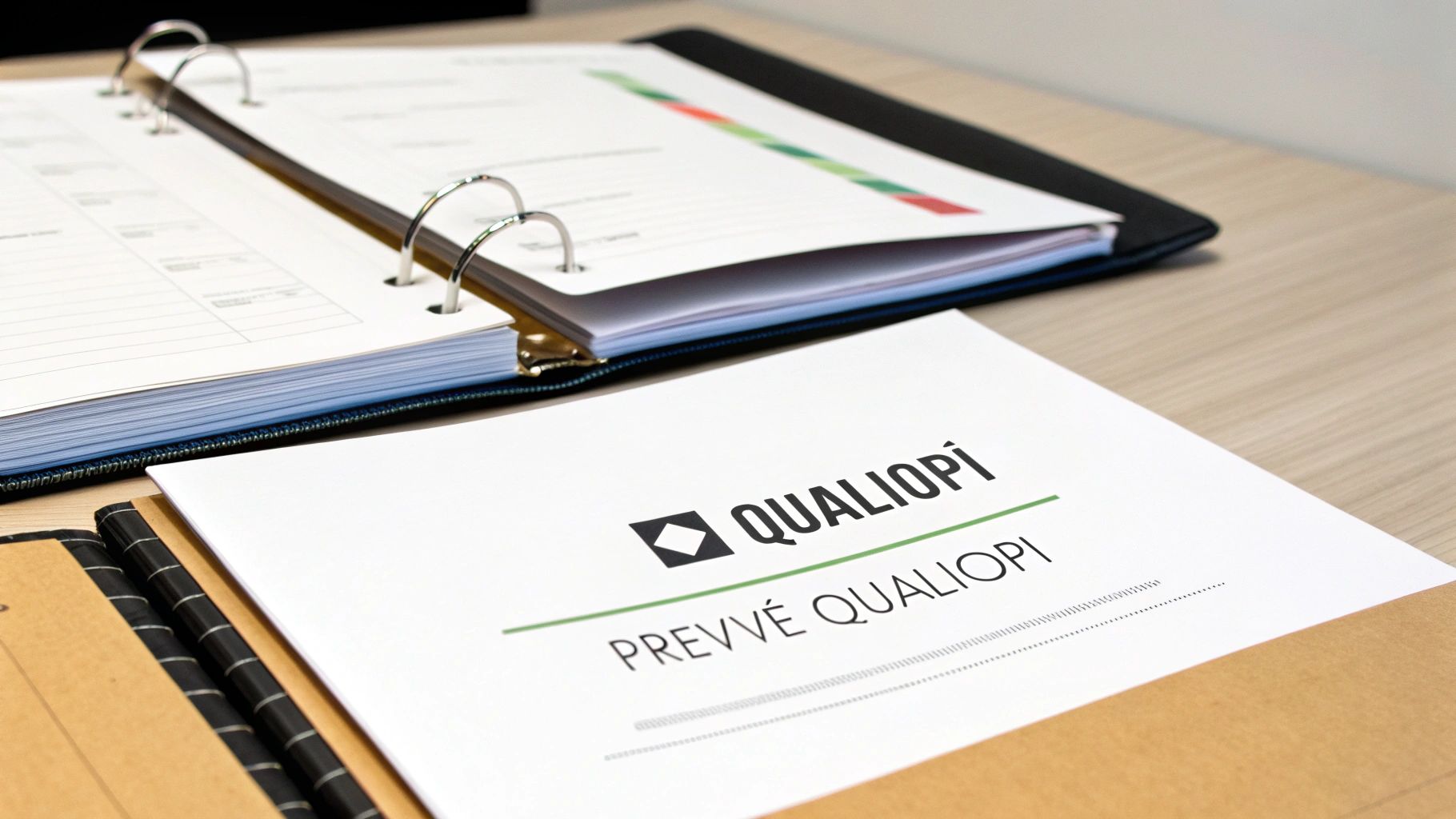 Document de certification Qualiopi avec classeurs de formation professionnelle sur un bureau en bois