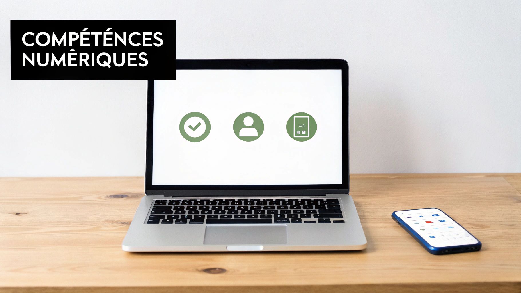 Un ordinateur portable ouvert et un smartphone sur une table en bois, avec des icônes de compétences numériques affichées à l'écran.