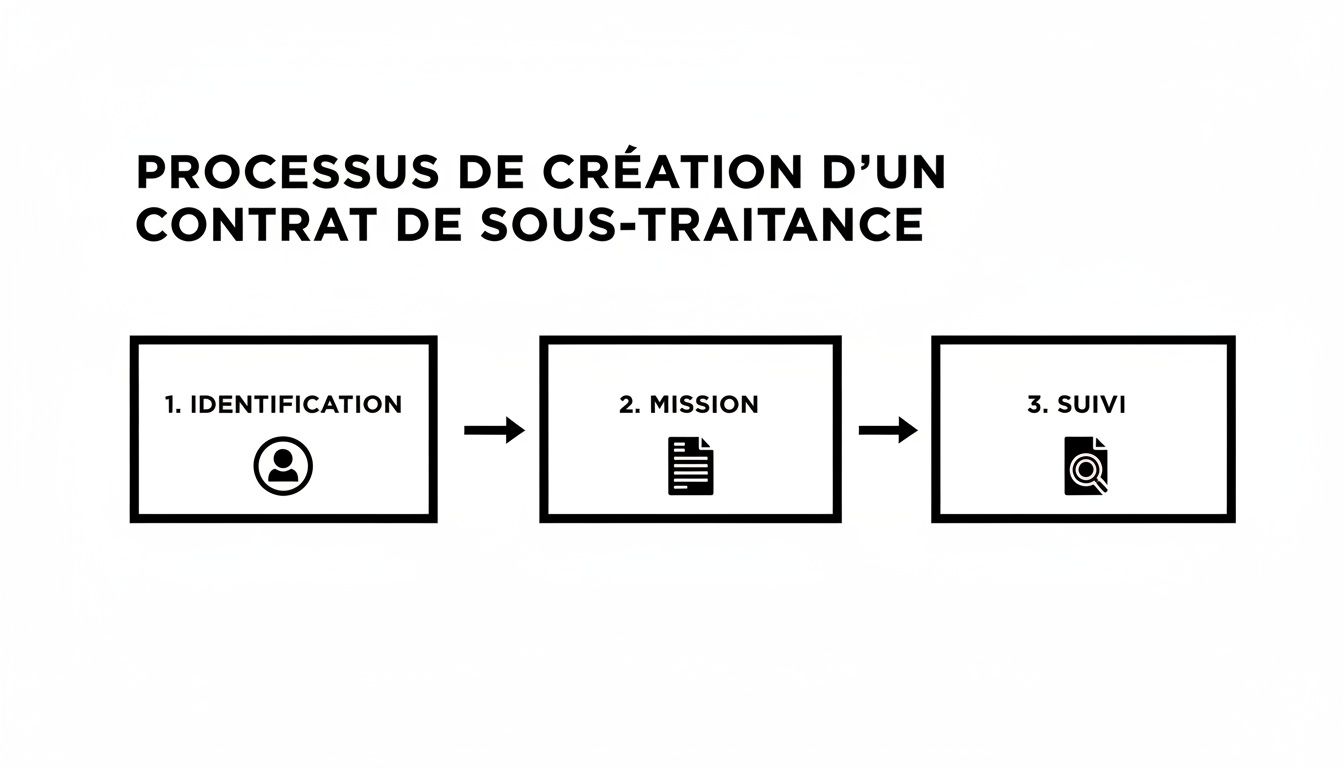 Diagramme du processus de création d'un contrat de sous-traitance avec les étapes d'Identification, Mission et Suivi.