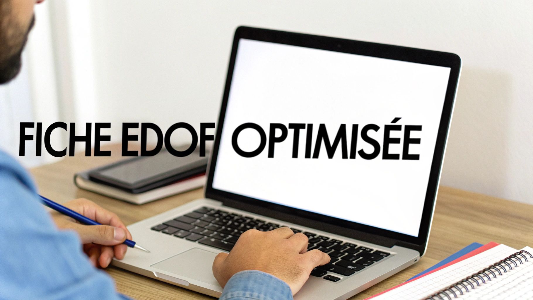 Un professionnel optimise une fiche EDOF sur son ordinateur portable, un stylo à la main.