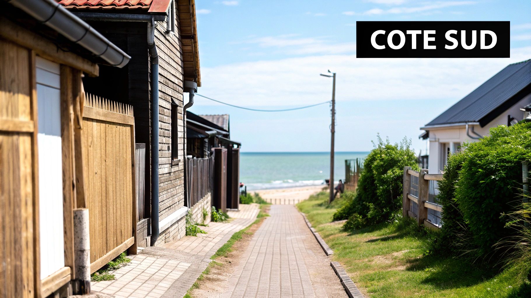Chemin pavé menant à une plage ensoleillée et à la mer, avec des maisons côtières et de la verdure. Texte: COTE SUD.