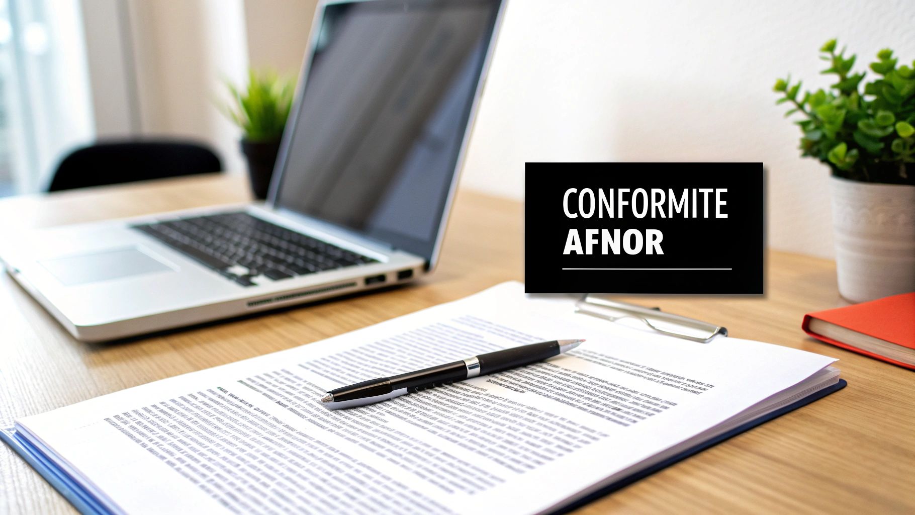 Une table de bureau avec un ordinateur portable, des documents, un stylo, une plante verte et une étiquette 'CONFORMITE AFNOR'.