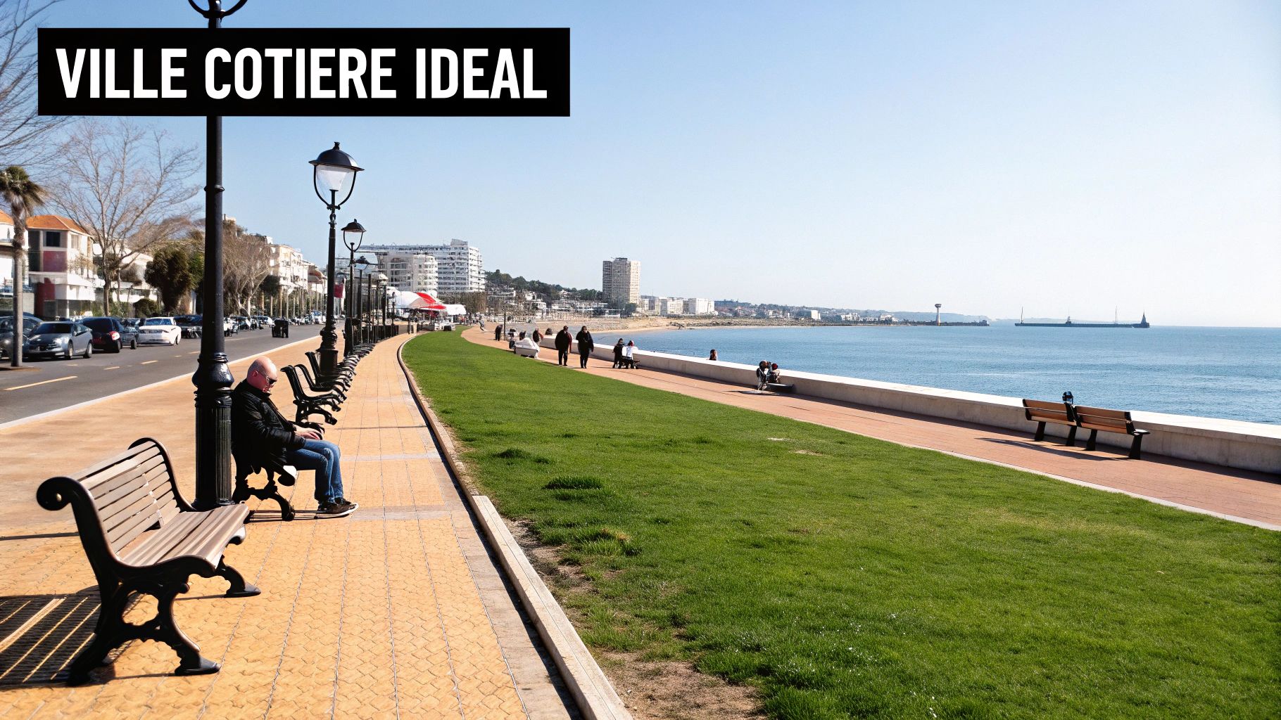 Promenade côtière avec bancs, pelouse verte et vue sur la mer Méditerranée en ville balnéaire idéale