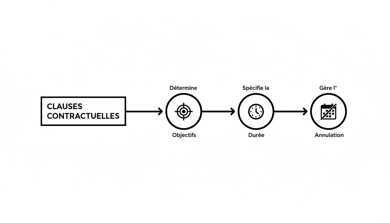 Diagramme expliquant comment les clauses contractuelles définissent les objectifs, la durée et gèrent l'annulation d'un contrat.