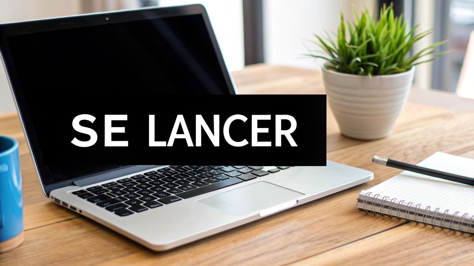 Un ordinateur portable avec le texte "SE LANCER" sur l'écran, posé sur un bureau en bois avec une plante, une tasse et un carnet.