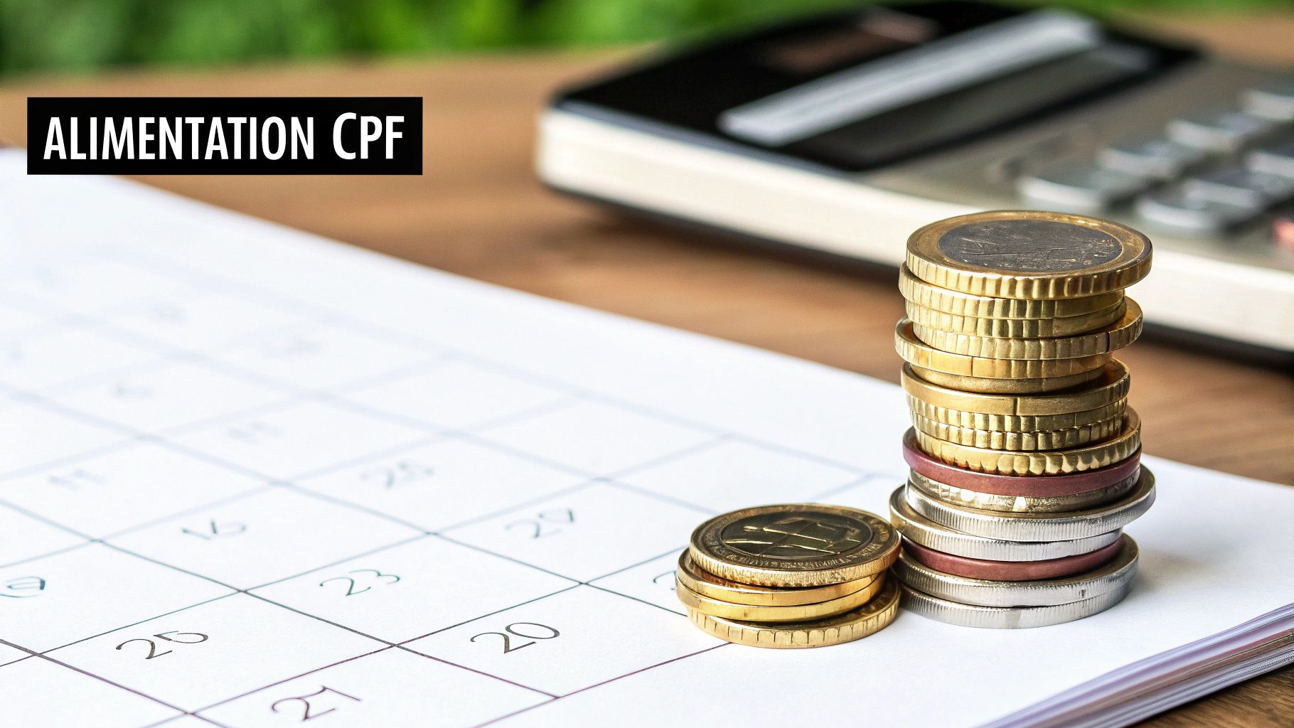 Calendrier avec des piles de pièces de monnaie en euros et une calculatrice, sur le thème de l'alimentation CPF.