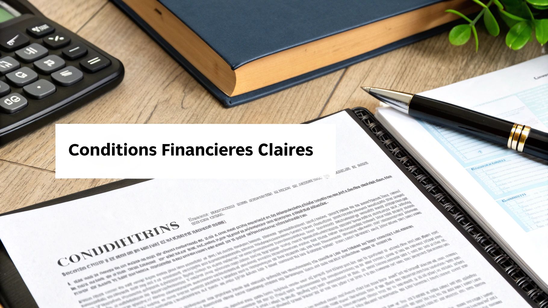 Image d'un bureau avec des documents financiers, une calculatrice et un stylo, soulignant des conditions claires.