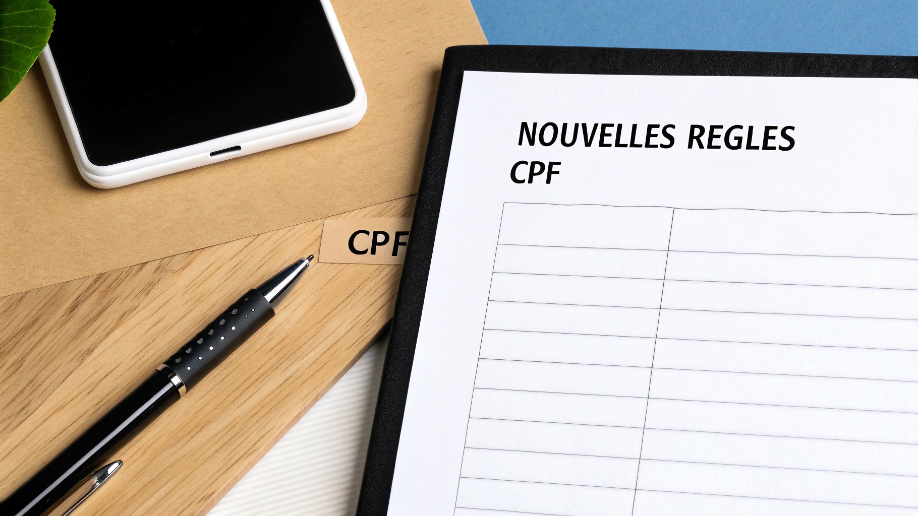 Gros plan sur un document dans un classeur affichant "NOUVELLES REGLES CPF", avec un téléphone et un stylo sur un bureau.