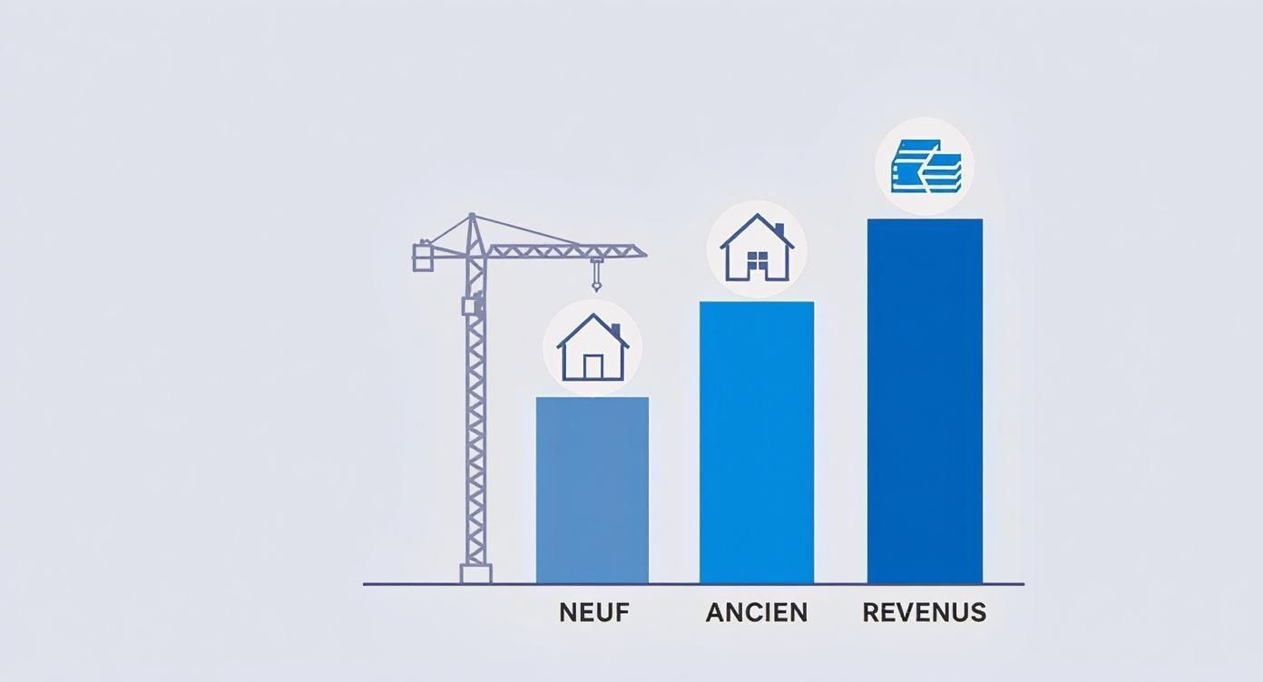 Graphique comparatif montrant la progression des revenus immobiliers entre logements neufs, anciens avec une grue de construction