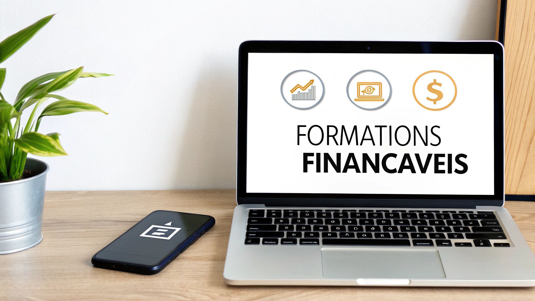 Un ordinateur portable affichant des formations financières, un smartphone et une plante sur un bureau en bois.