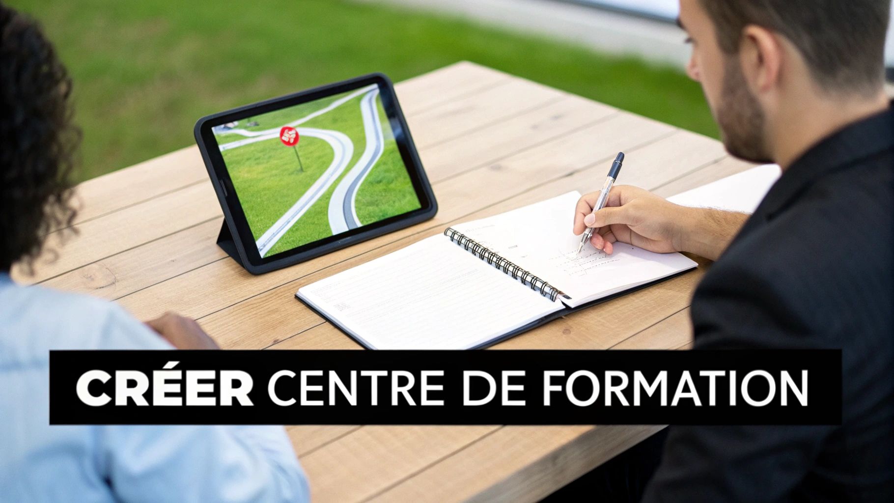 Deux personnes travaillant à une table, l'une écrivant et l'autre regardant une tablette avec un chemin. Texte: CRÉER CENTRE DE FORMATION.