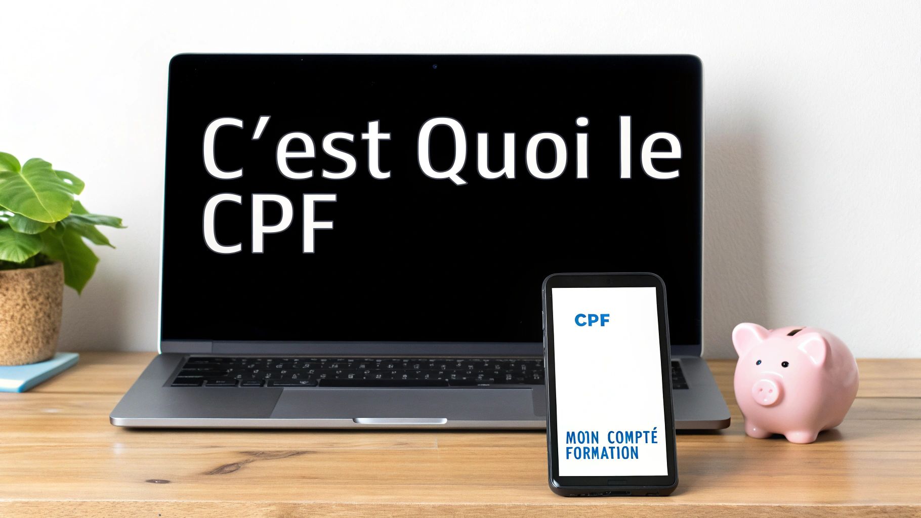 Ordinateur portable affichant 'C'est Quoi le CPF', smartphone avec 'Mon Compte Formation', tirelire et plante sur bureau en bois.