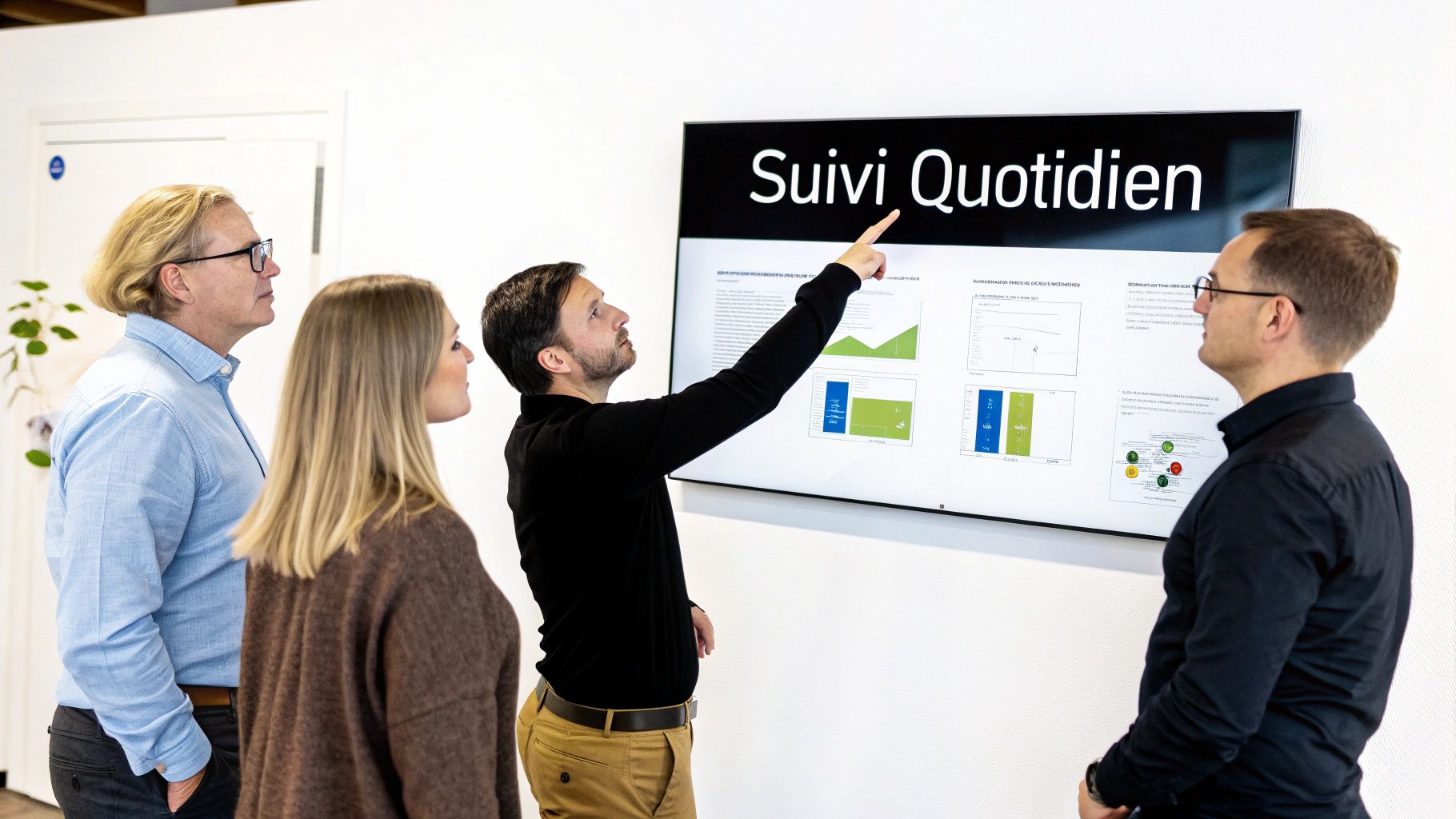 Quatre professionnels discutent devant un écran affichant des données de suivi quotidien et des graphiques.