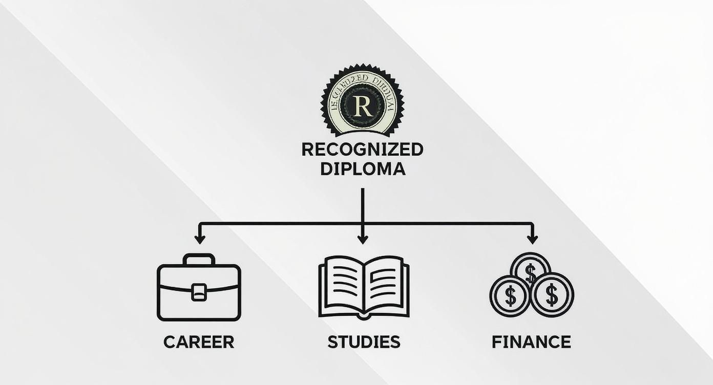 Un diagramme illustre comment un diplôme reconnu peut ouvrir des portes pour la carrière, les études et les finances.