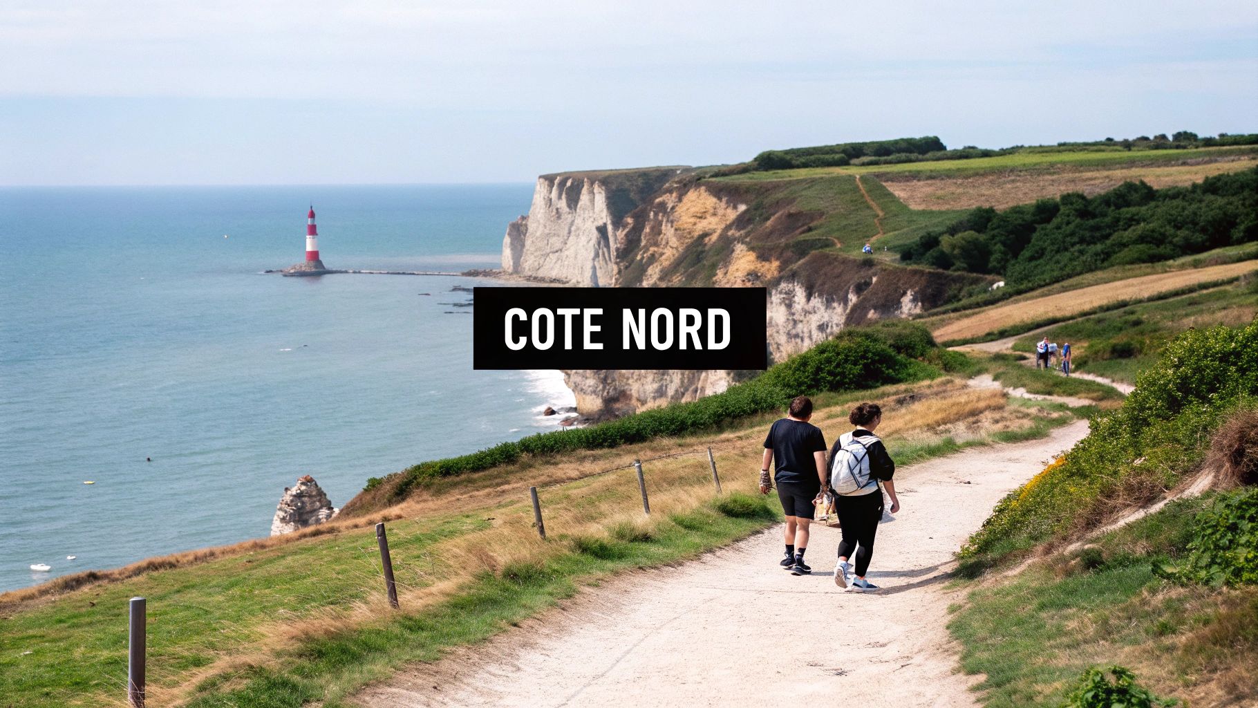 Paysage côtier en Normandie avec des falaises blanches, un phare rayé rouge et blanc, et deux randonneurs sur un sentier.