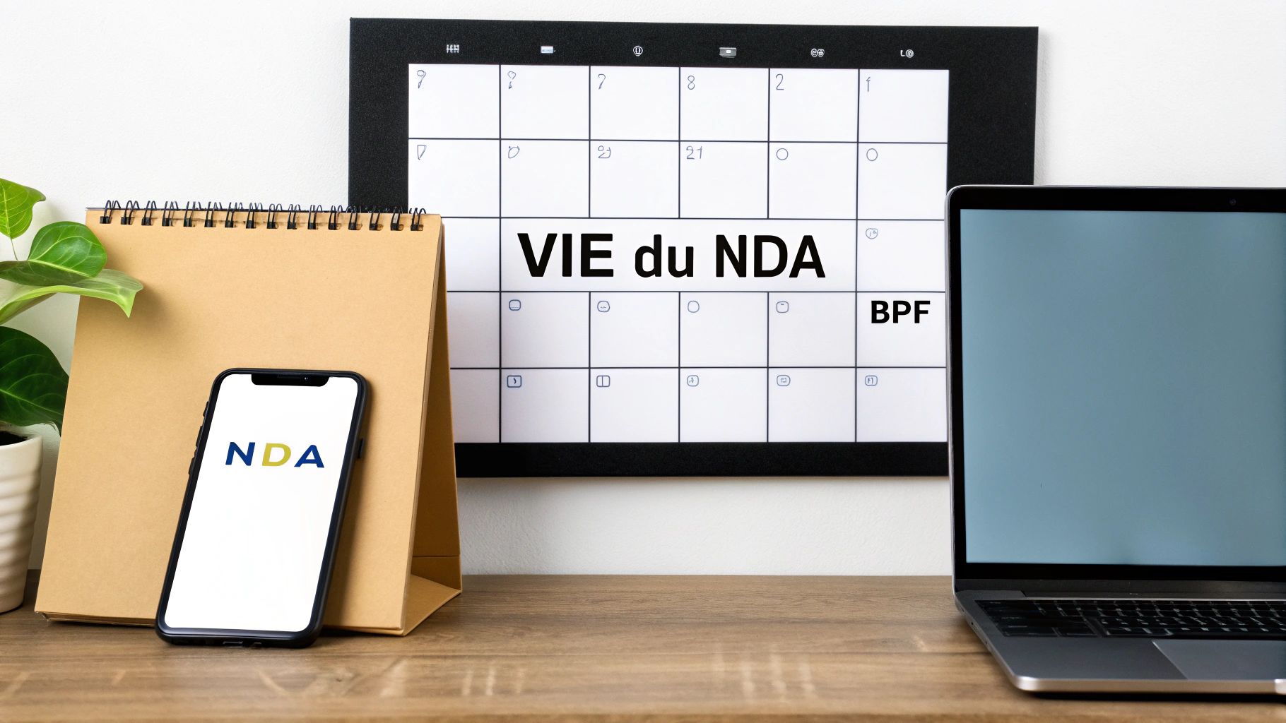 Un bureau avec un calendrier affichant 'VIE du NDA', un smartphone avec le logo 'NDA', un ordinateur portable et un carnet.