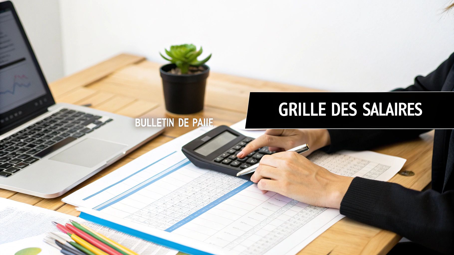 Une personne calcule sur une calculatrice avec des documents de paie et un ordinateur portable, avec les textes 'Bulletin de paie' et 'Grille des salaires'.