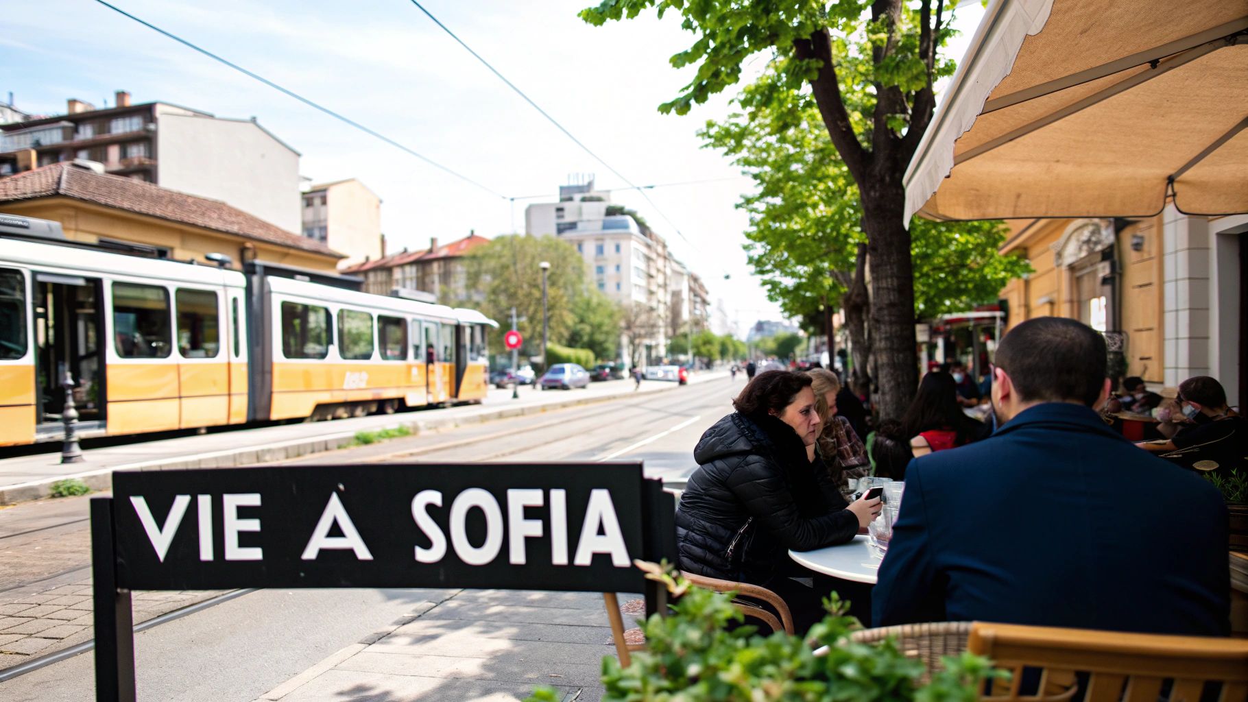 Des passants profitant d'une journée ensoleillée dans une rue commerçante de Sofia.