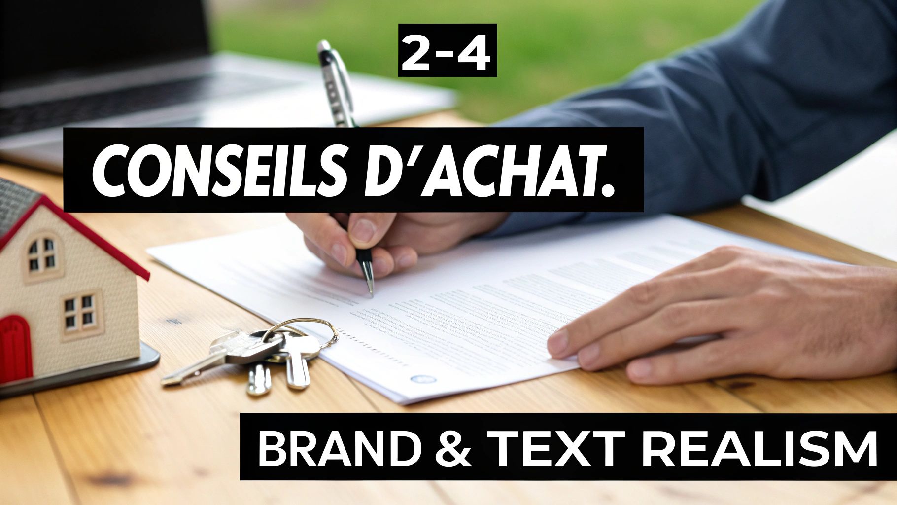 Personne signant un contrat d'achat immobilier avec clés de maison et modèle miniature sur bureau