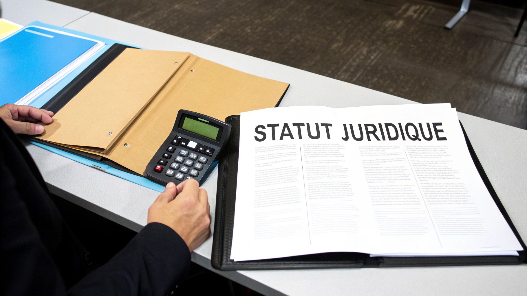 Mains d'une personne travaillant sur des documents juridiques avec une calculatrice et un dossier ouvert sur un bureau.