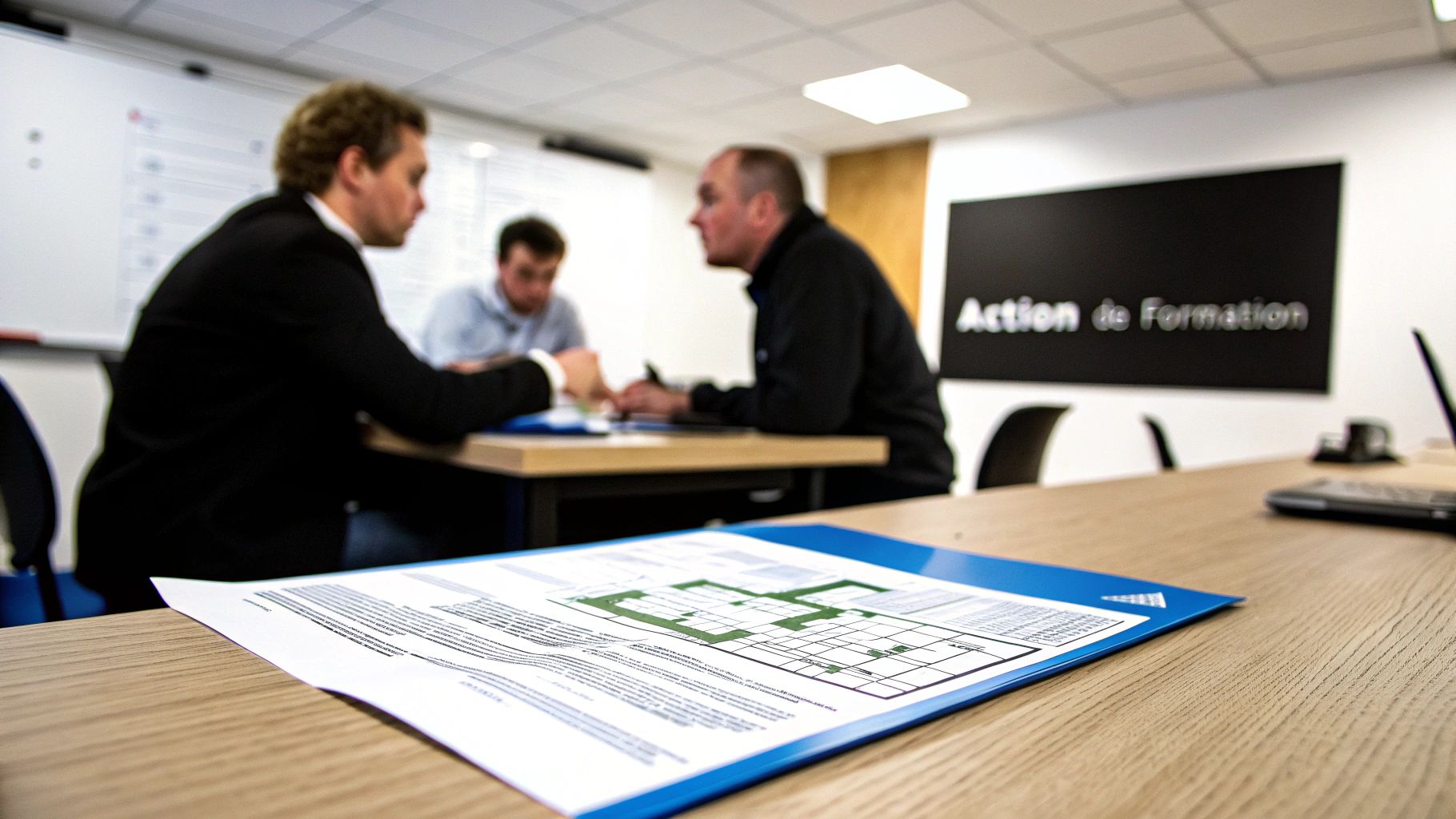 Trois hommes participent à une action de formation, avec des documents et un ordinateur portable sur la table.