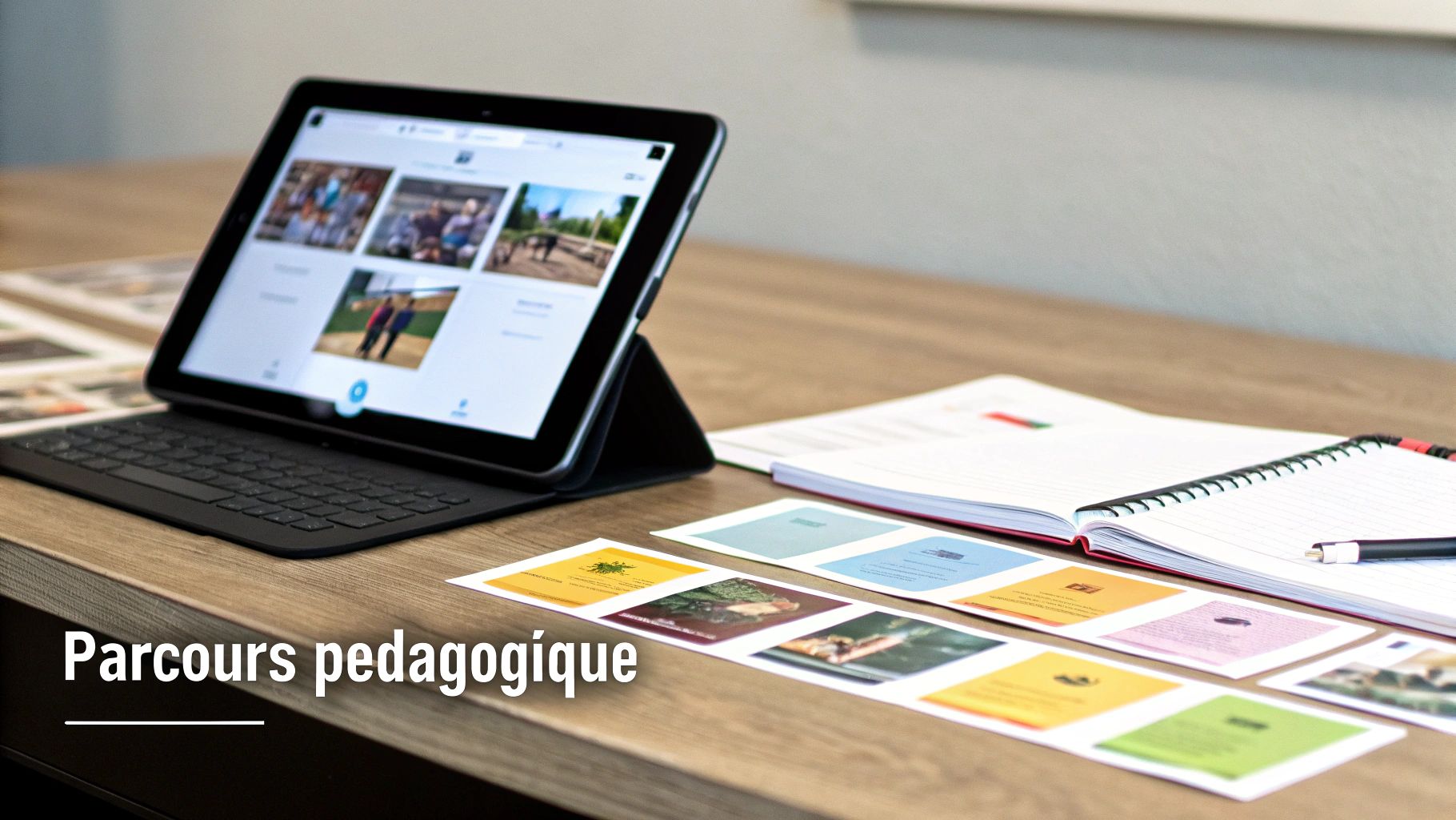 Tablette avec clavier, cahiers ouverts et cartes pédagogiques sur un bureau en bois, illustrant un parcours d'apprentissage.