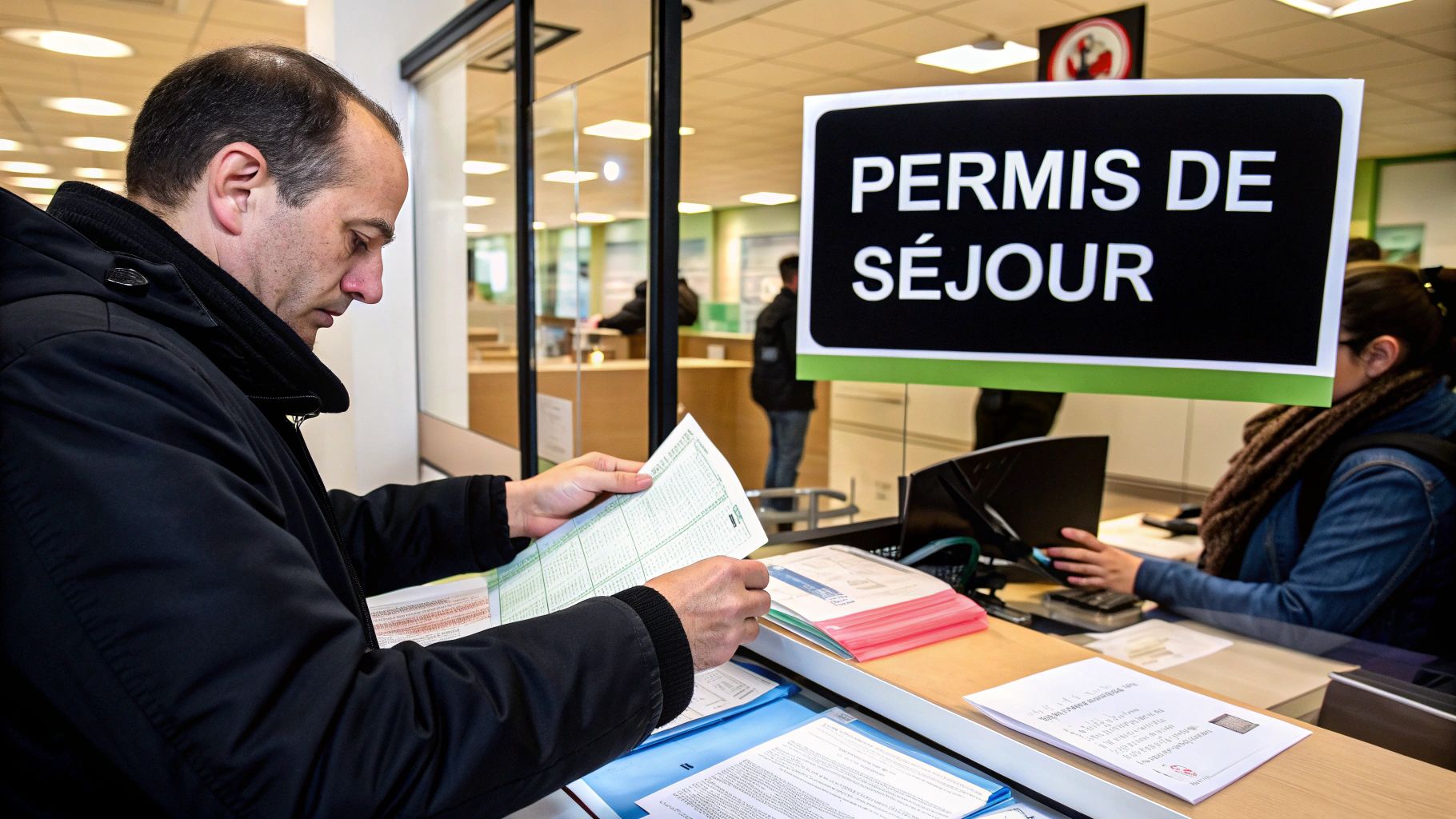 Une personne remplit des documents administratifs pour son permis de séjour bulgare sur un bureau en bois.