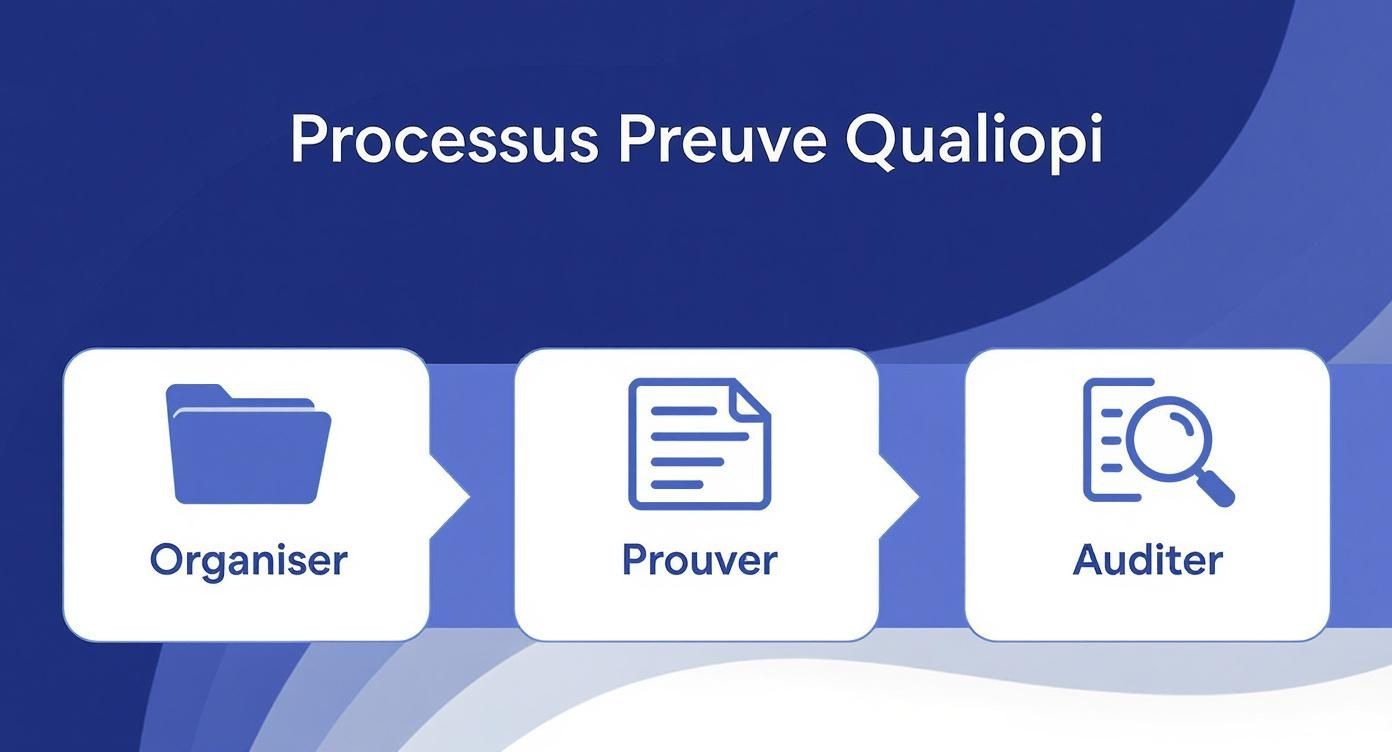 Infographique sur le processus de preuve pour obtenir la certification Qualiopi, montrant les étapes Organiser, Prouver, Auditer