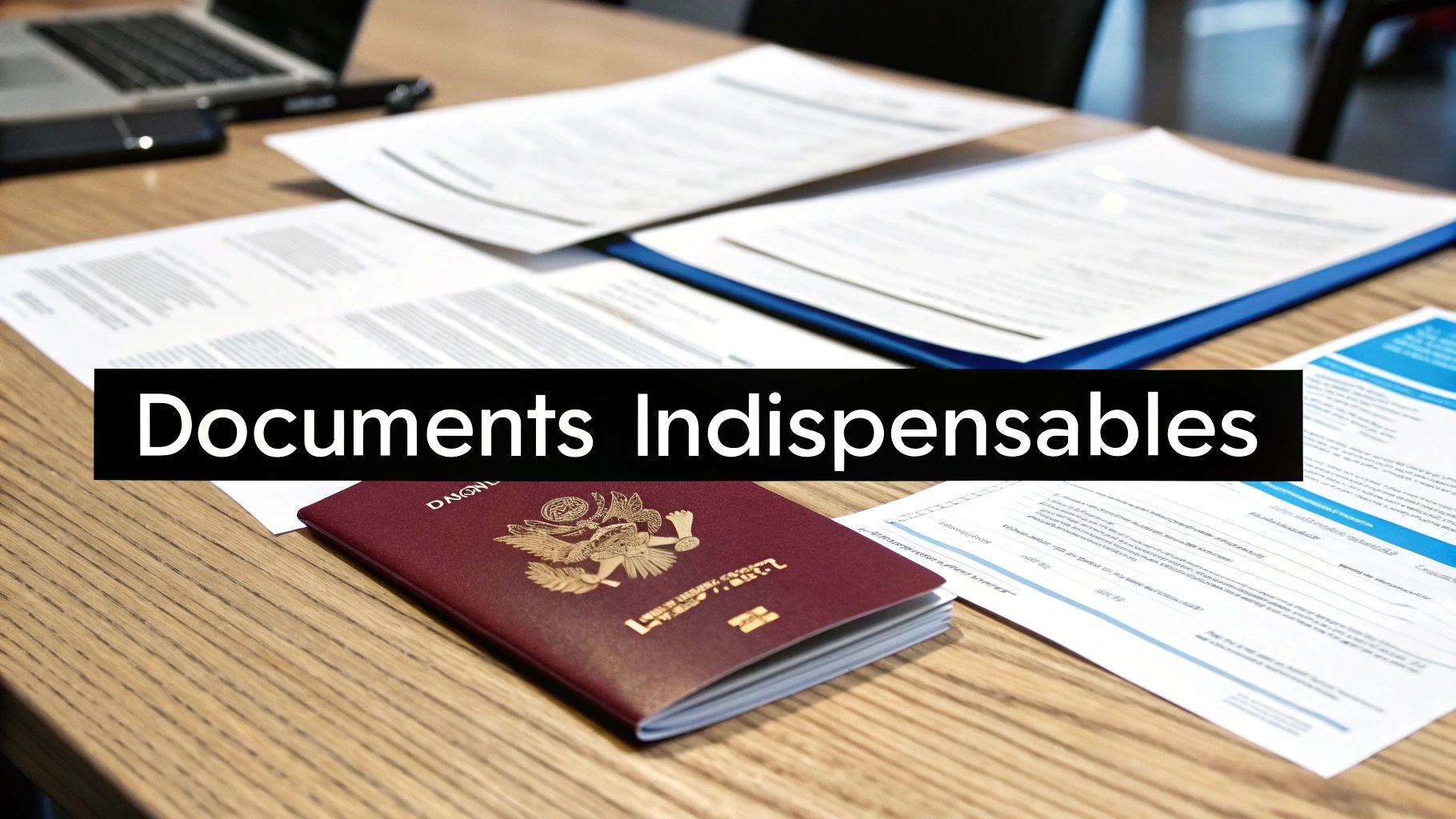 Personne organisant des documents sur un bureau pour une demande de visa