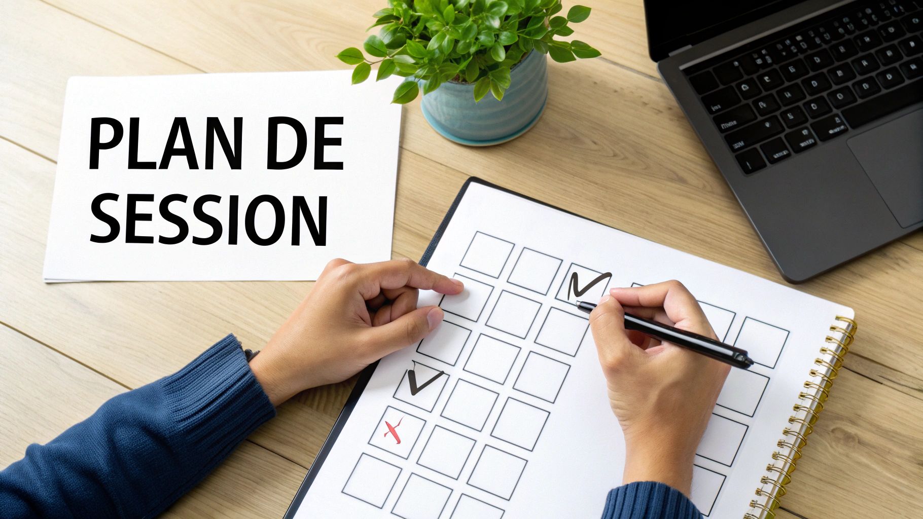 Une personne coche des cases sur une liste de tâches, avec un document 'PLAN DE SESSION' et un ordinateur portable.