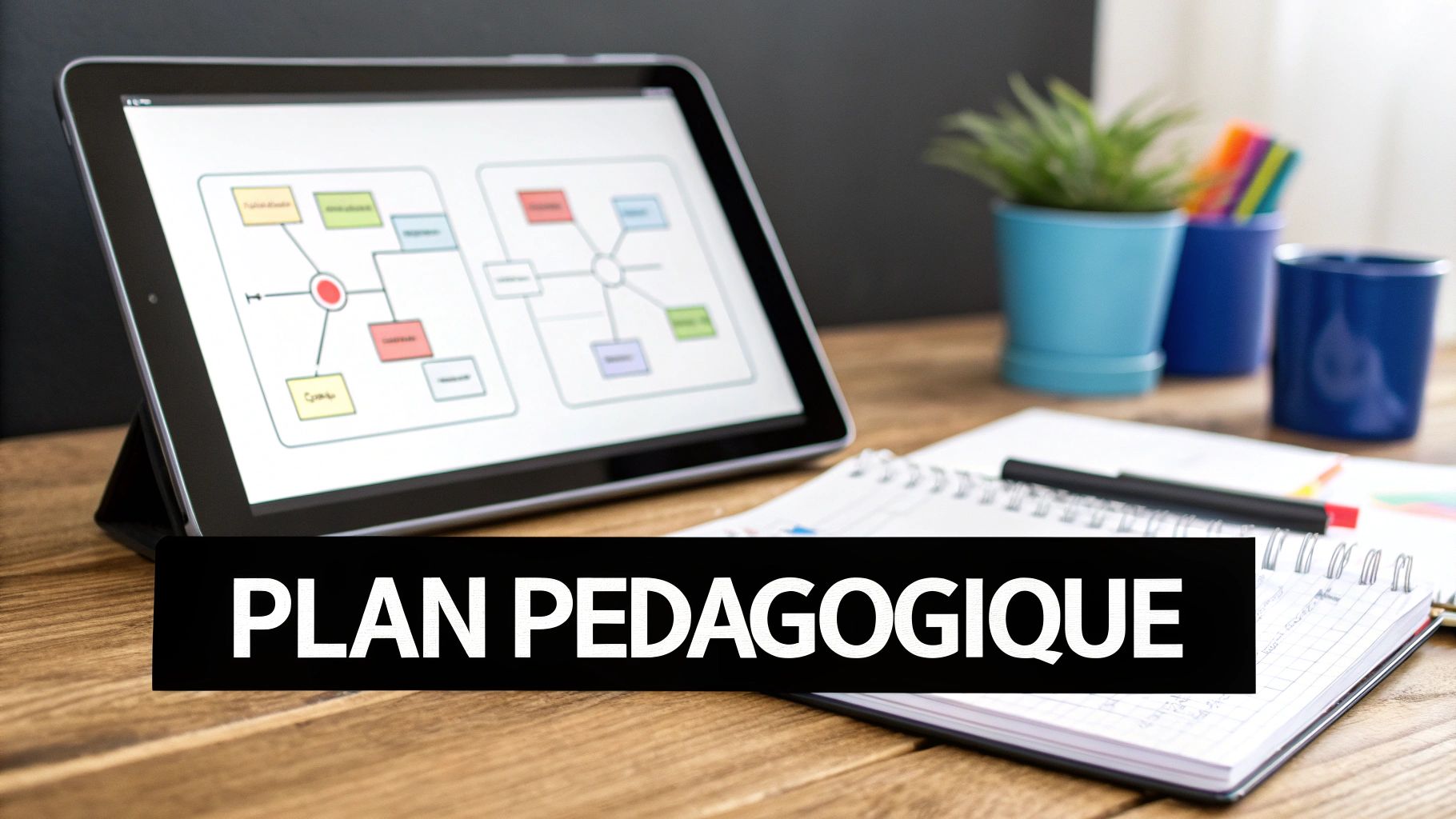 Un plan pédagogique affiché sur une tablette, avec cahiers et fournitures sur un bureau en bois.