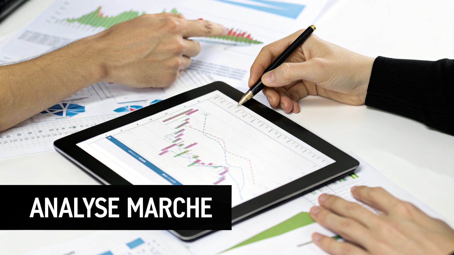 Deux personnes analysant des graphiques financiers sur une tablette et des documents imprimés pour une analyse de marché.