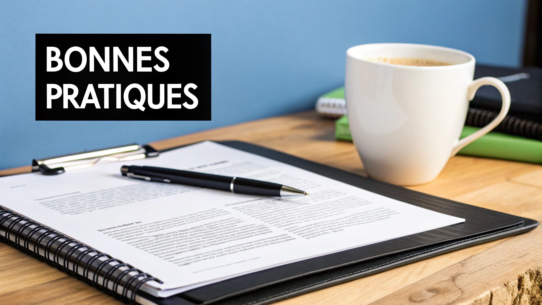 Document de bonnes pratiques avec stylo et tasse de café sur bureau professionnel
