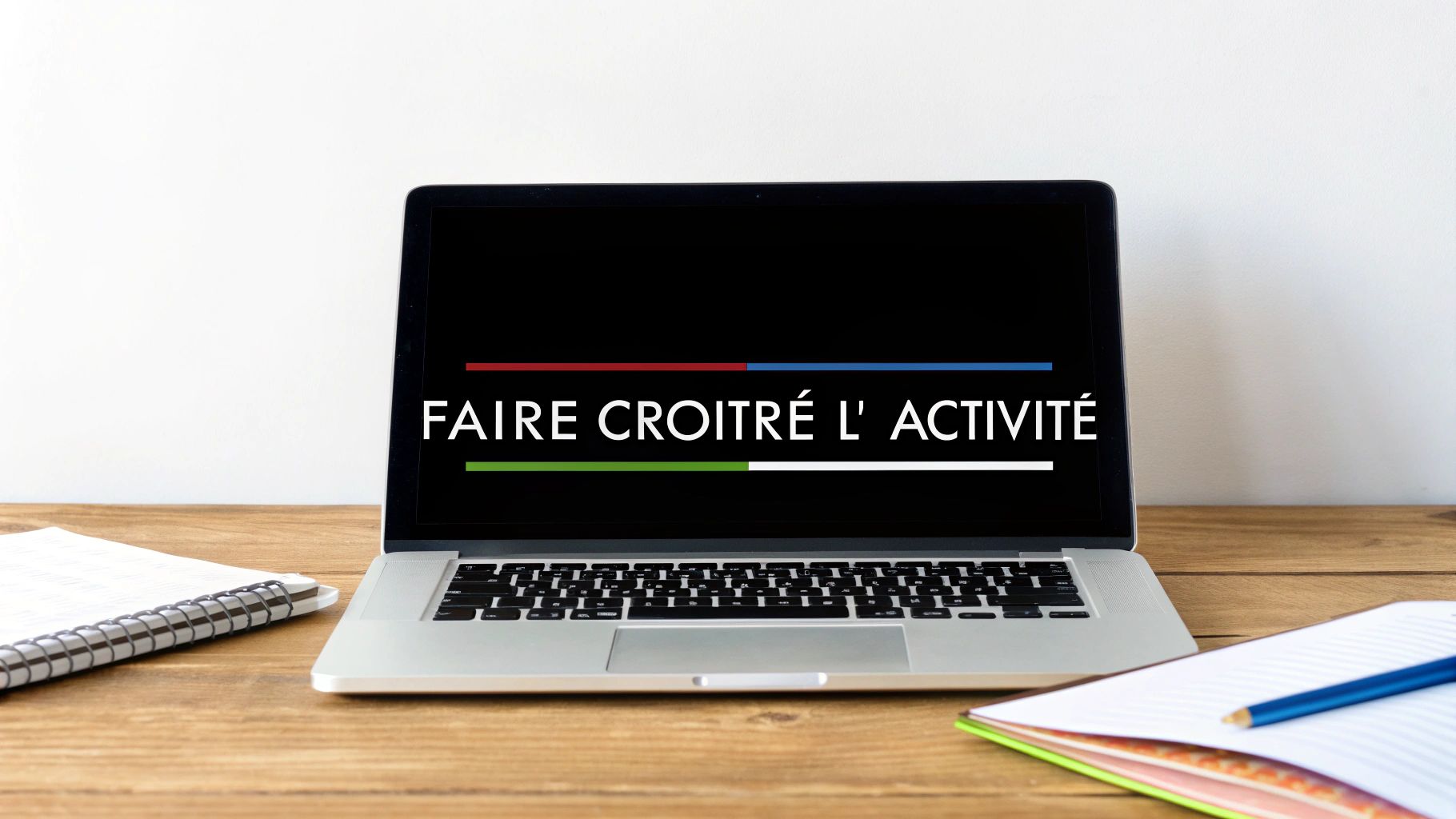 Un ordinateur portable sur un bureau en bois affiche « FAIRE CROÎTRÉ L'ACTIVITÉ » avec des lignes aux couleurs du drapeau français.