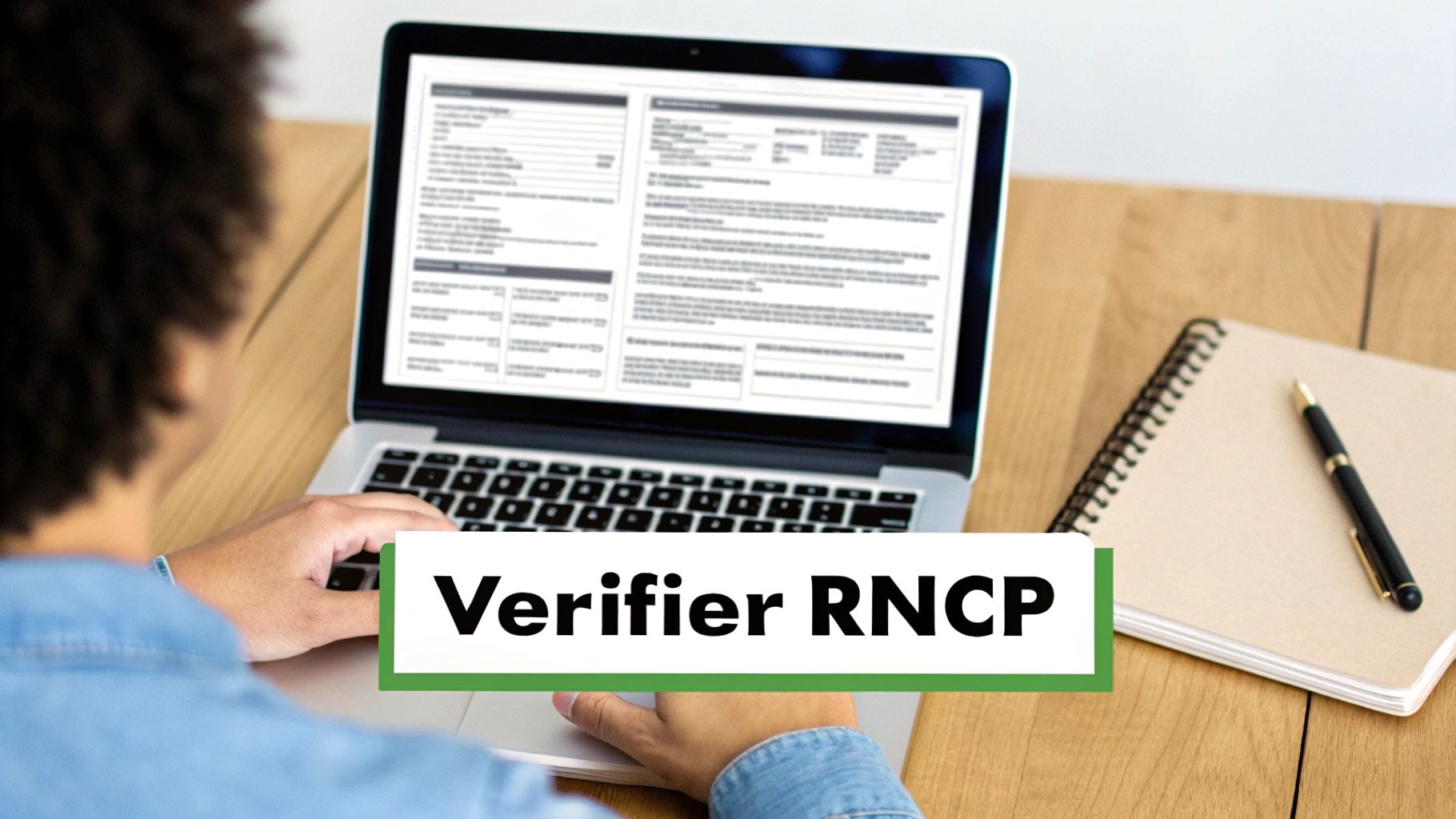 Une personne vérifie des informations sur un ordinateur portable, avec un carnet à côté, et un bandeau "Verifier RNCP".