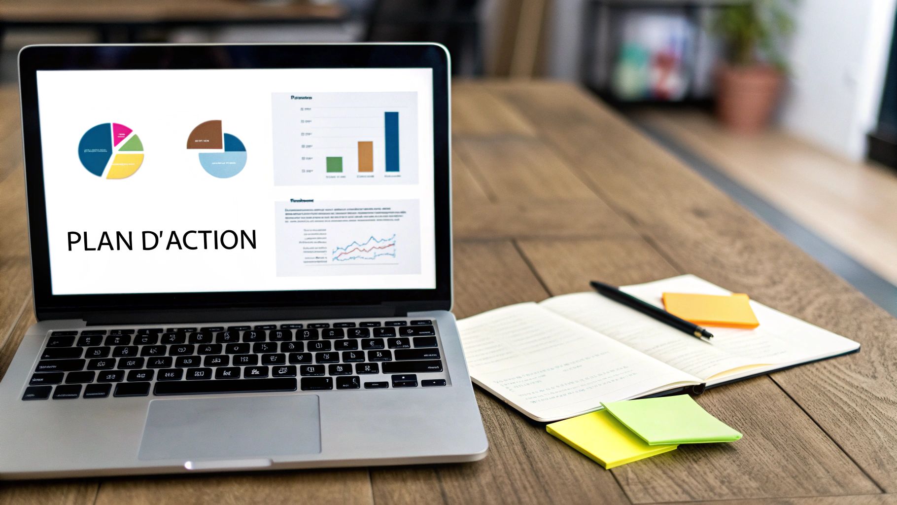 Ordinateur portable affichant un plan d'action avec graphiques, carnet, stylo et notes autocollantes sur bureau en bois.