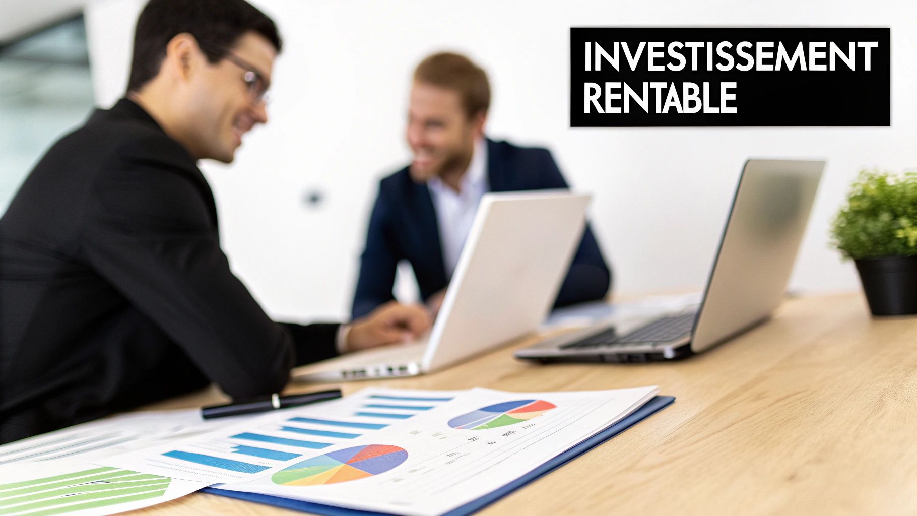 Deux hommes d'affaires souriants discutent de stratégies devant des ordinateurs et des graphiques financiers, 'INVESTISSEMENT RENTABLE'.