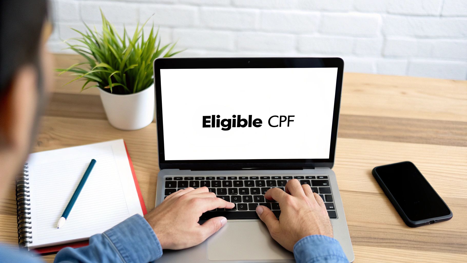 Une personne tape sur un ordinateur portable affichant le texte "Eligible CPF" sur un bureau en bois.