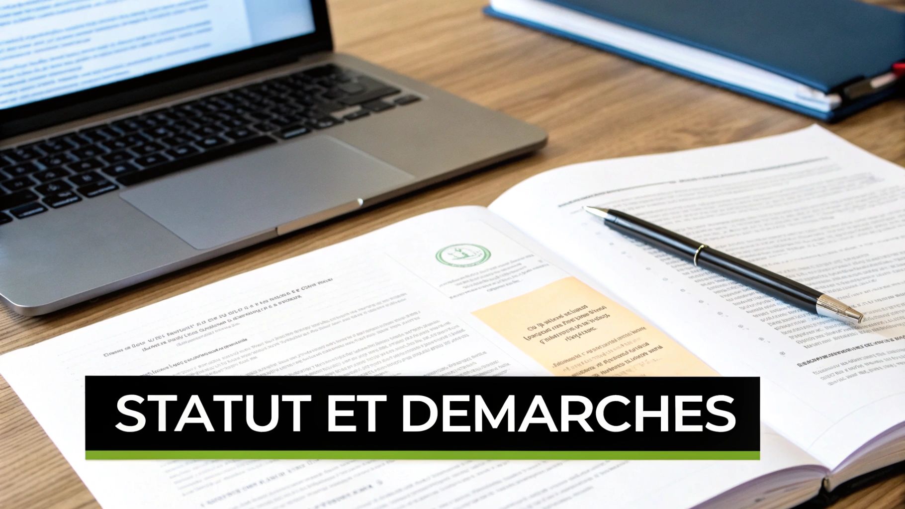 Vue de dessus d'un bureau avec un ordinateur portable, des documents ouverts et un stylo, illustrant 'STATUT ET DÉMARCHES'.