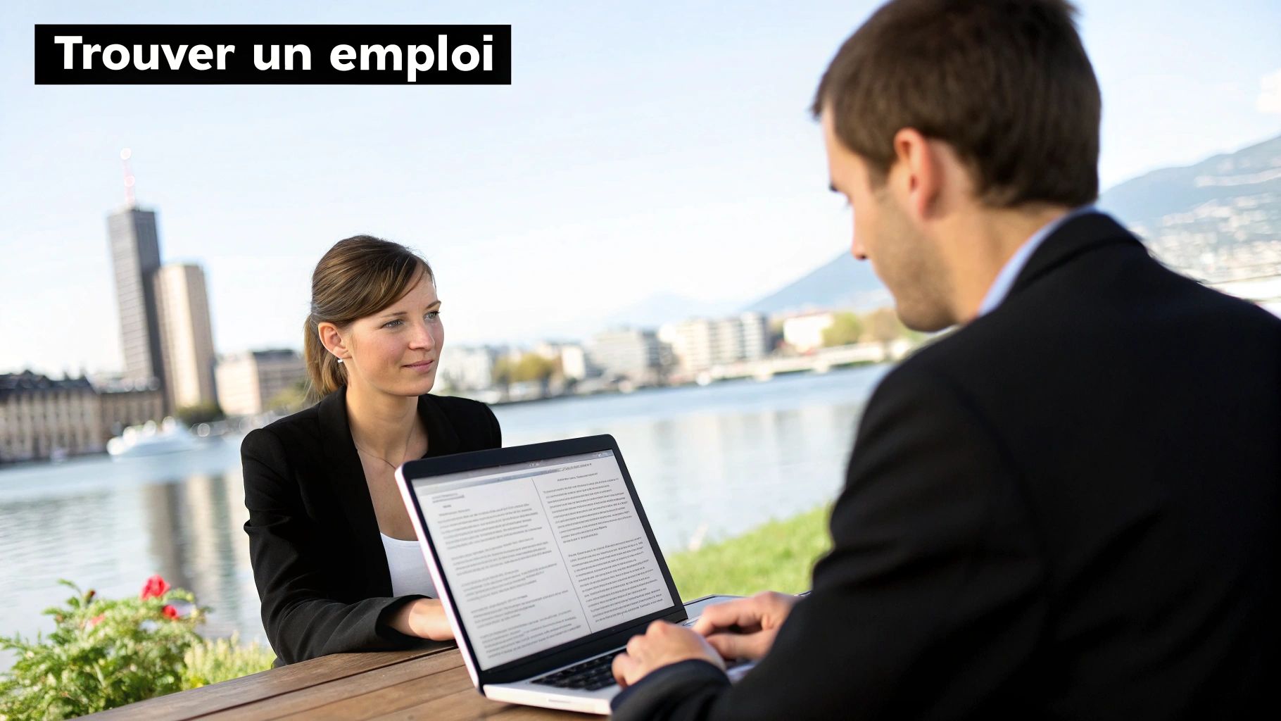 Une femme et un homme discutent à une table, un ordinateur portable ouvert, avec un lac et une ville en arrière-plan.