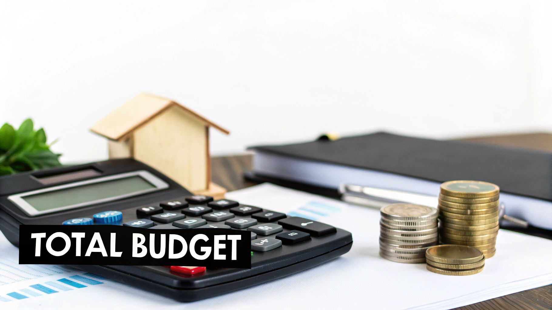 Calculatrice, pièces de monnaie et maquette de maison représentant le budget total pour l'achat immobilier