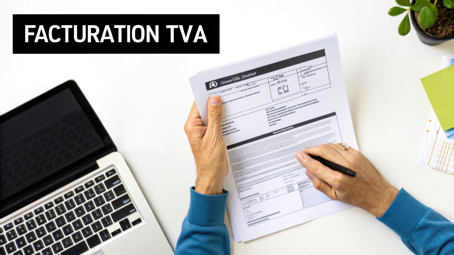 Une personne examine une facture TVA sur un bureau blanc avec un ordinateur portable et une plante.