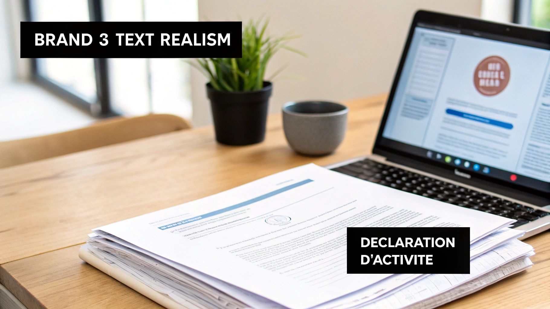 Documents de déclaration d'activité sur un bureau en bois, avec ordinateur portable, plante et tasse.