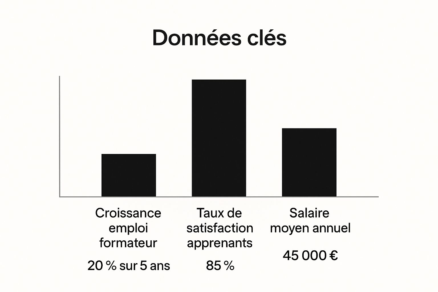 Infographie présentant des données sur le métier de formateur : croissance de l'emploi de 20% sur 5 ans, taux de satisfaction des apprenants de 85%, et un salaire moyen annuel de 45 000 €.