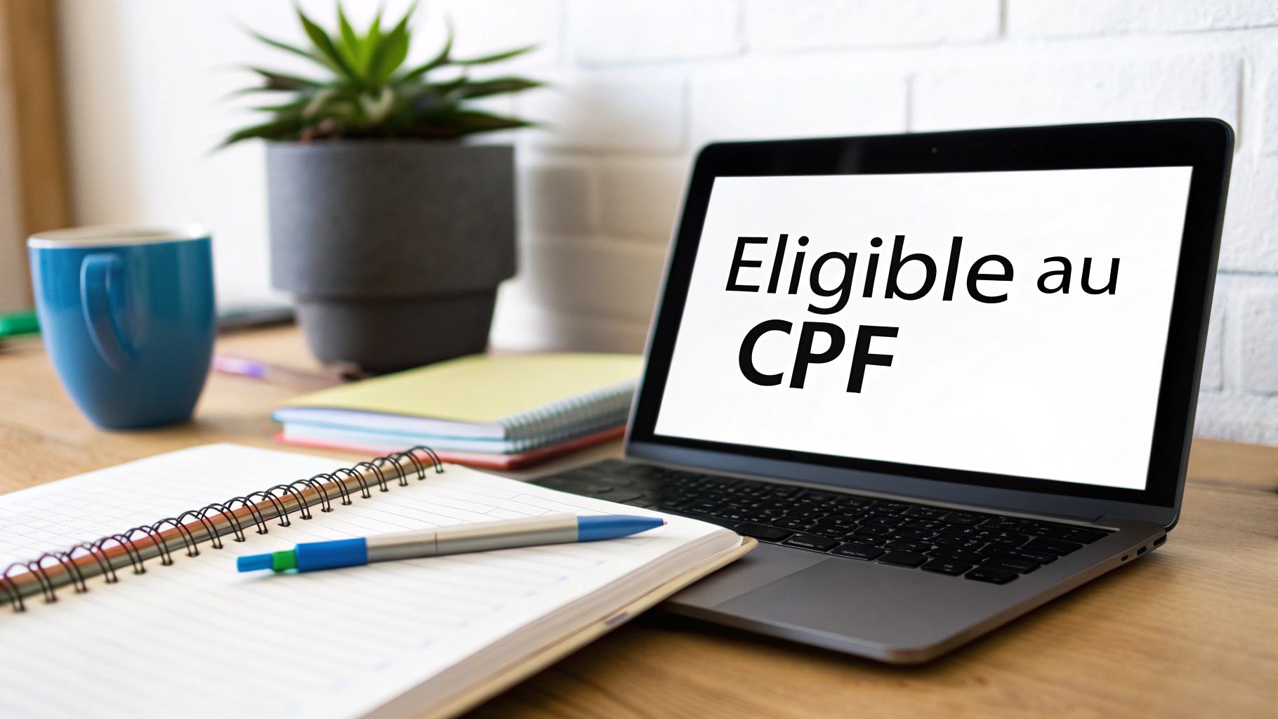 Ordinateur portable affichant 'Eligible au CPF' sur un bureau en bois avec carnet, stylo et tasse.