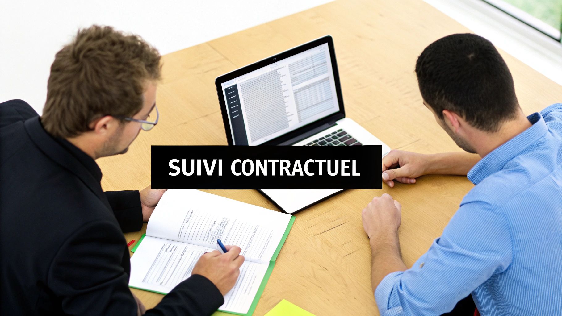 Deux hommes d'affaires analysent des documents et un ordinateur portable, avec le texte "SUIVI CONTRACTUEL".